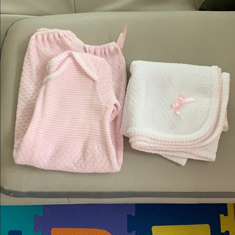 Paty lap gown and white baby blanket 27” x 24”